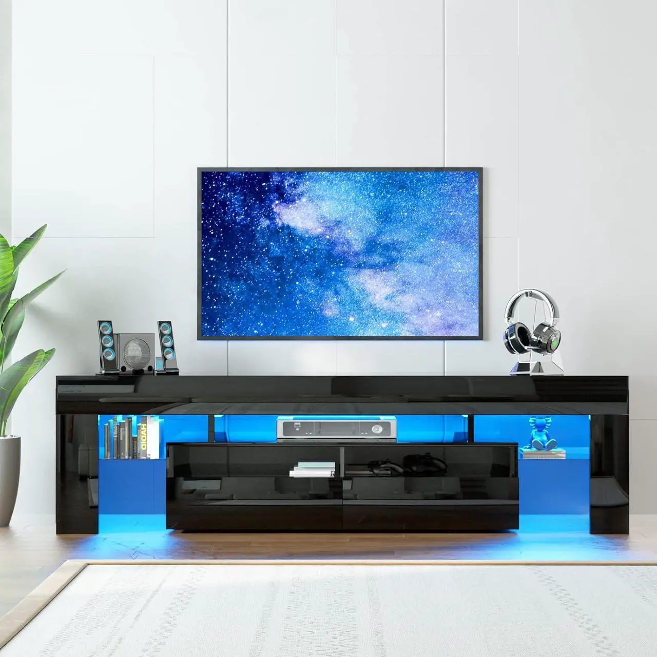 Main image of Squireewo TV Stand with 16 Color LED Lights, Media Console with Drawer and Glass Open Shelf for 60/65/70 inch TV, Modern Gloss Entertainment Center for Living Room, Black