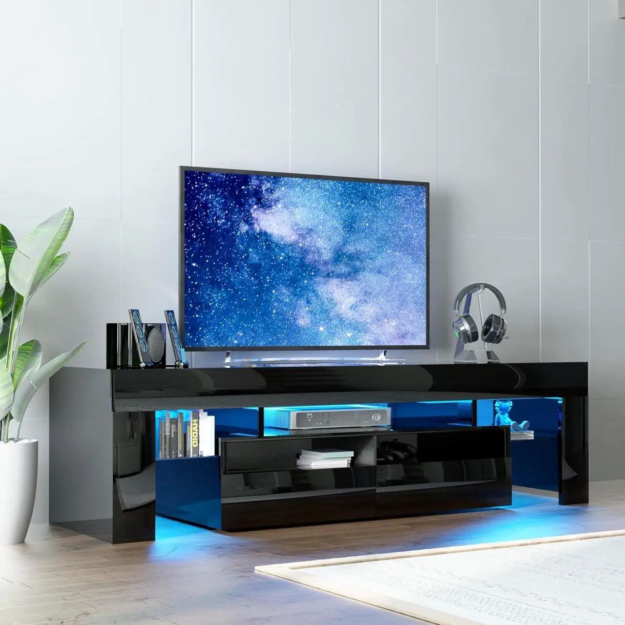 Alt view image 2 of 7 - Squireewo TV Stand with 16 Color LED Lights, Media Console with Drawer and Glass Open Shelf for 60/65/70 inch TV, Modern Gloss Entertainment Center for Living Room, Black