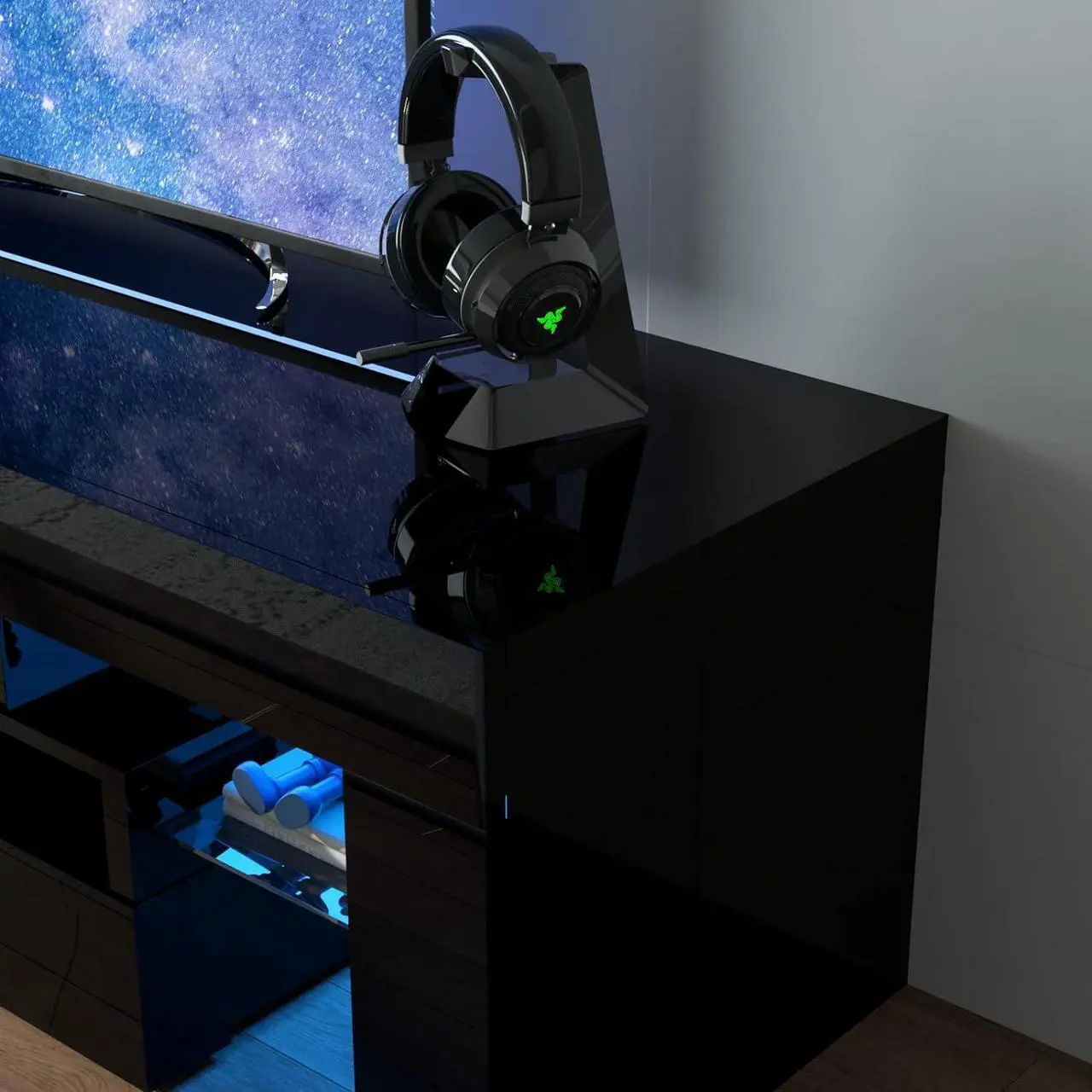 Alt view image 3 of 7 - Squireewo TV Stand with 16 Color LED Lights, Media Console with Drawer and Glass Open Shelf for 60/65/70 inch TV, Modern Gloss Entertainment Center for Living Room, Black