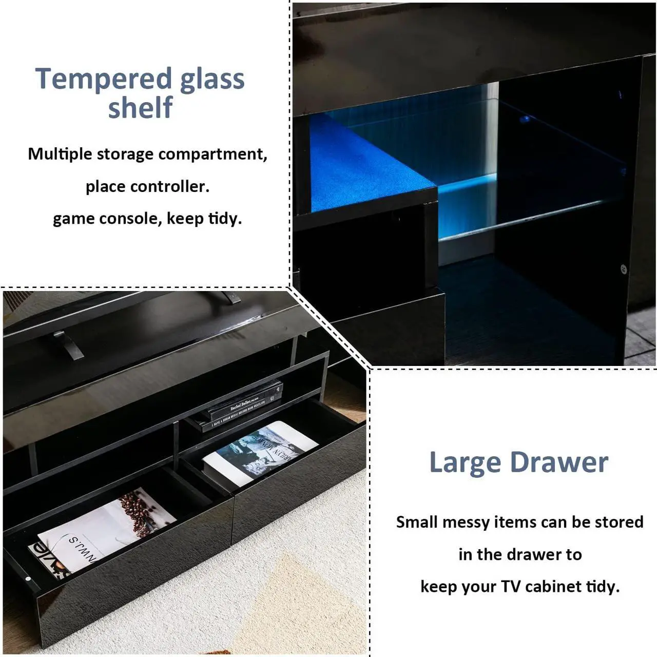 Alt view image 4 of 7 - Squireewo TV Stand with 16 Color LED Lights, Media Console with Drawer and Glass Open Shelf for 60/65/70 inch TV, Modern Gloss Entertainment Center for Living Room, Black