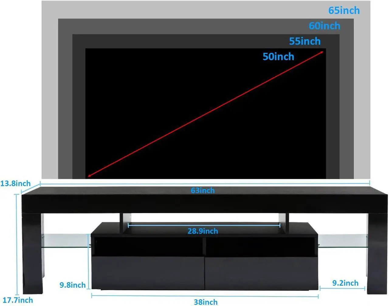 Alt view image 5 of 7 - Squireewo TV Stand with 16 Color LED Lights, Media Console with Drawer and Glass Open Shelf for 60/65/70 inch TV, Modern Gloss Entertainment Center for Living Room, Black