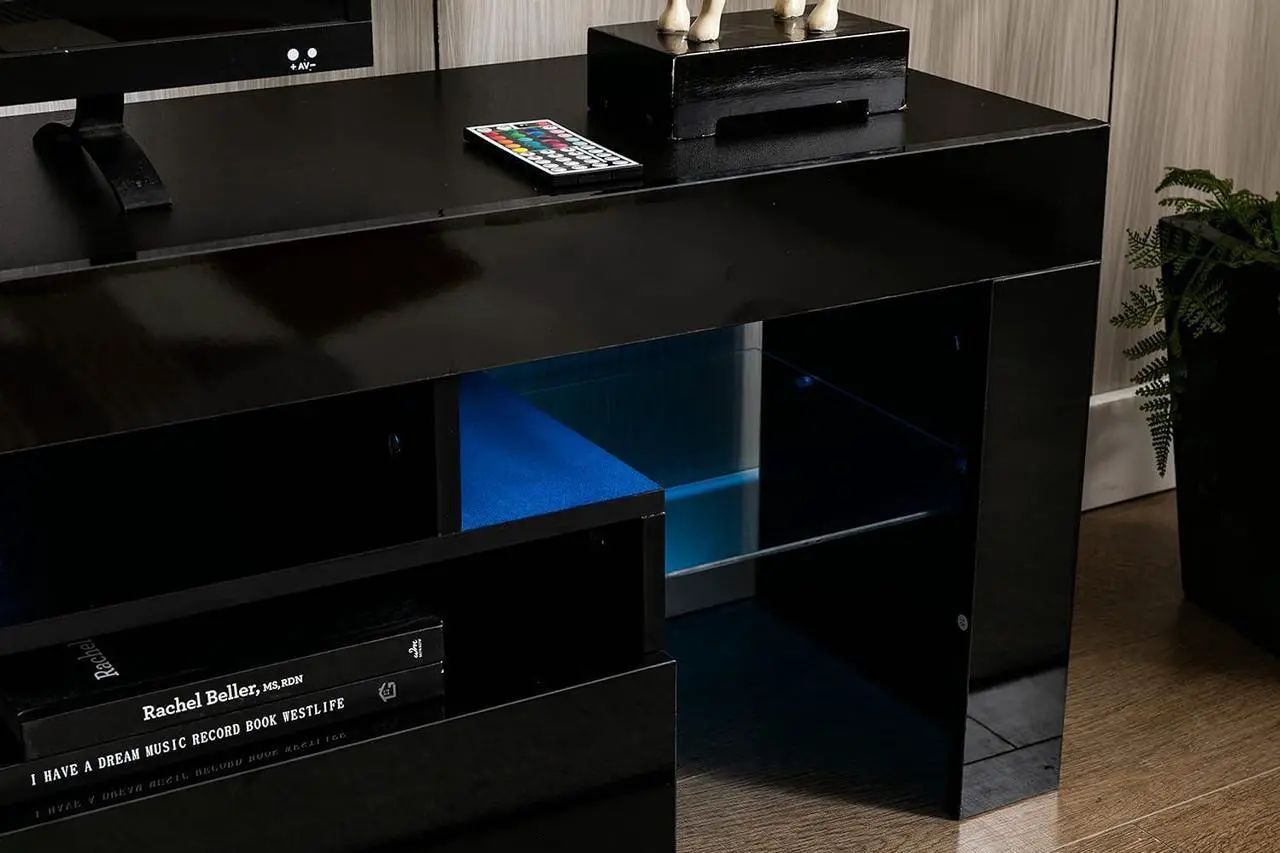 Alt view image 6 of 7 - Squireewo TV Stand with 16 Color LED Lights, Media Console with Drawer and Glass Open Shelf for 60/65/70 inch TV, Modern Gloss Entertainment Center for Living Room, Black