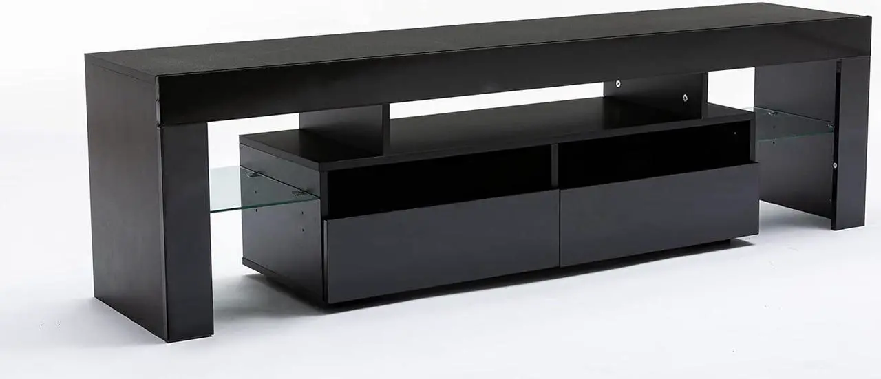 Alt view image 7 of 7 - Squireewo TV Stand with 16 Color LED Lights, Media Console with Drawer and Glass Open Shelf for 60/65/70 inch TV, Modern Gloss Entertainment Center for Living Room, Black