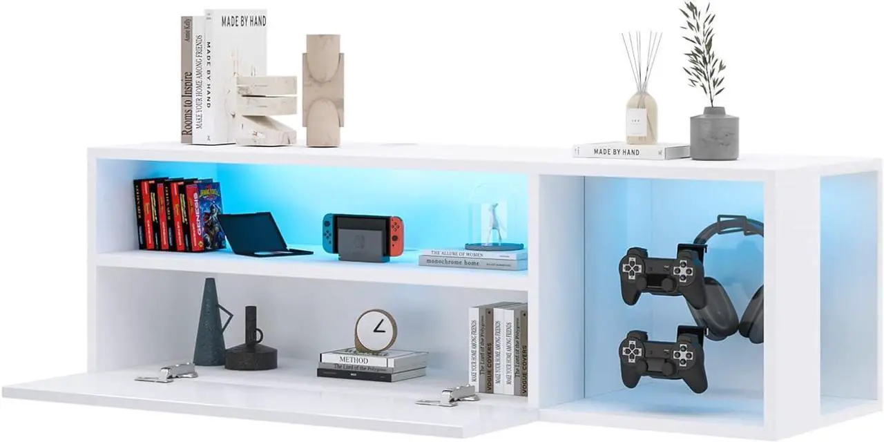 Alt view image 2 of 7 - SogesPower Floating TV Stand Wall Mounted with Lights,LED TV Stand Floating Entertainment Center with Storage for Bedroom Living Room,Modern Floating Shelf for Under TV,White 40"