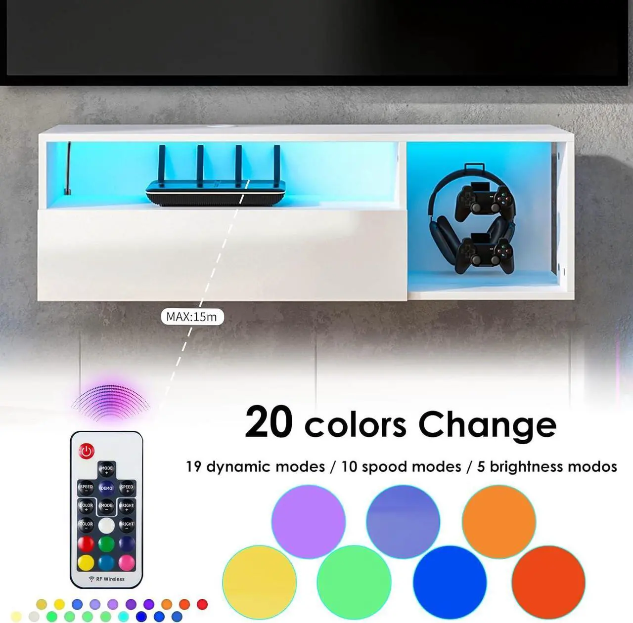 Alt view image 4 of 7 - SogesPower Floating TV Stand Wall Mounted with Lights,LED TV Stand Floating Entertainment Center with Storage for Bedroom Living Room,Modern Floating Shelf for Under TV,White 40"