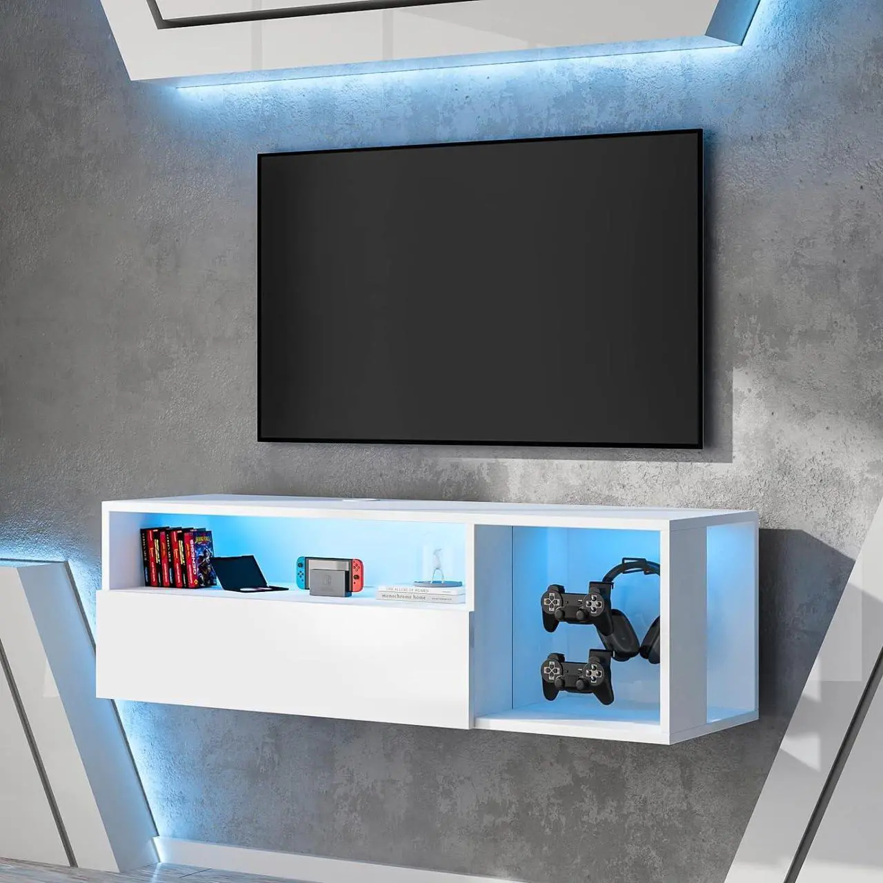 Alt view image 3 of 7 - SogesPower Floating TV Stand Wall Mounted with Lights,LED TV Stand Floating Entertainment Center with Storage for Bedroom Living Room,Modern Floating Shelf for Under TV,White 40"