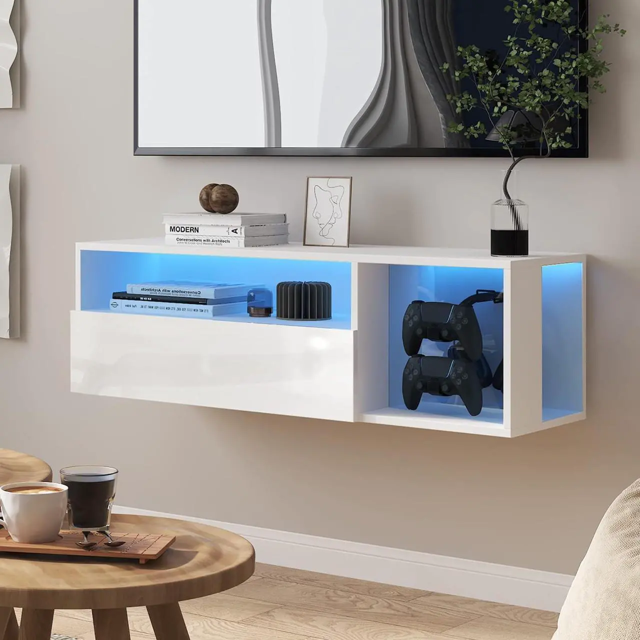 Main image of SogesPower Floating TV Stand Wall Mounted with Lights,LED TV Stand Floating Entertainment Center with Storage for Bedroom Living Room,Modern Floating Shelf for Under TV,White 40"
