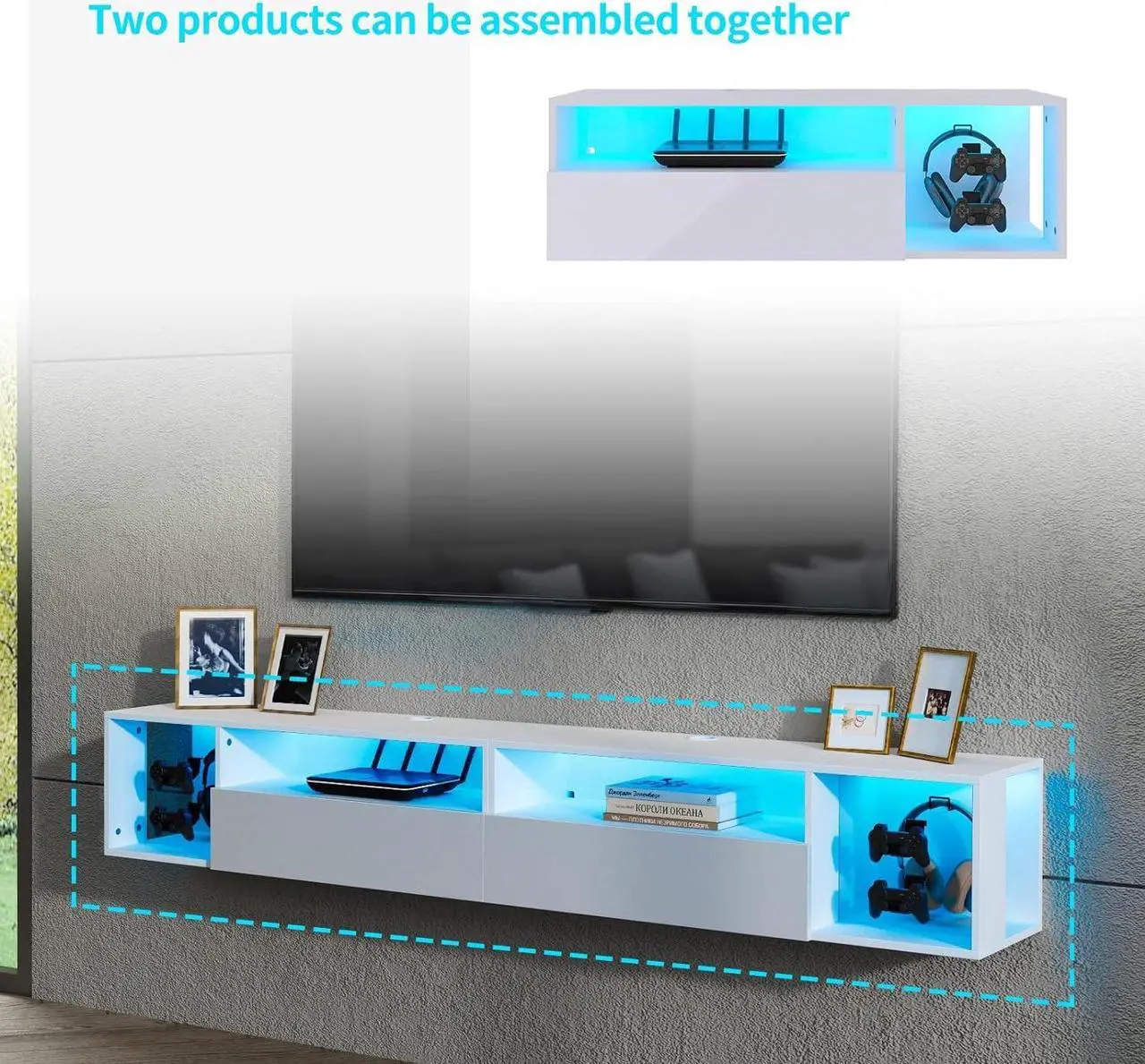 Alt view image 6 of 7 - SogesPower Floating TV Stand Wall Mounted with Lights,LED TV Stand Floating Entertainment Center with Storage for Bedroom Living Room,Modern Floating Shelf for Under TV,White 40"