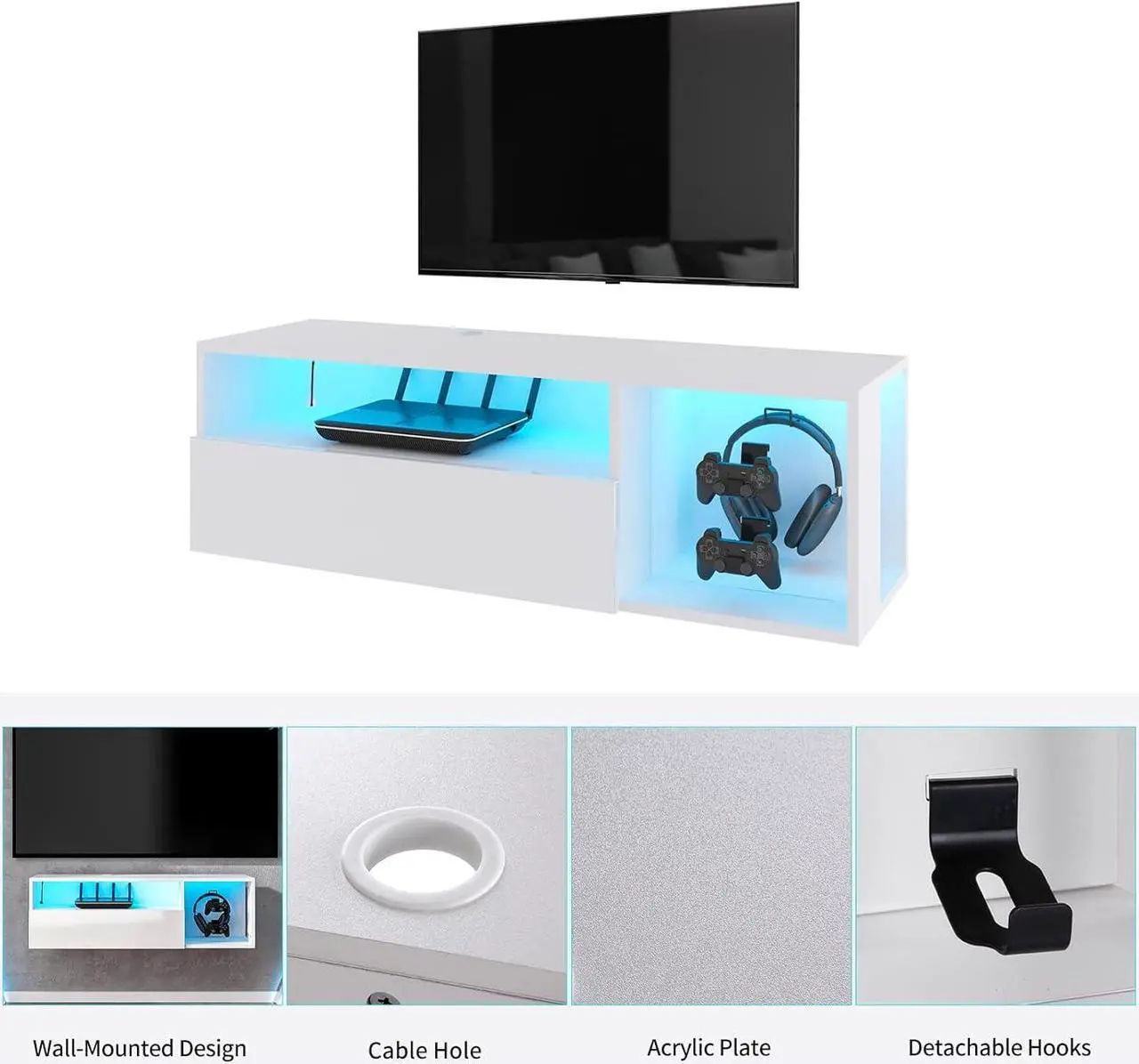 Alt view image 7 of 7 - SogesPower Floating TV Stand Wall Mounted with Lights,LED TV Stand Floating Entertainment Center with Storage for Bedroom Living Room,Modern Floating Shelf for Under TV,White 40"