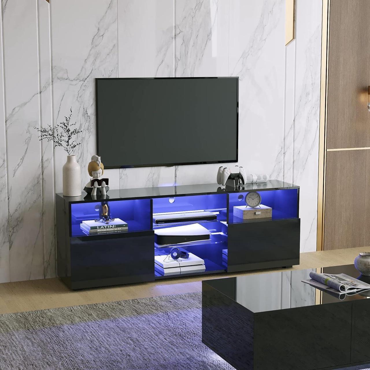 Alt view image 3 of 7 - LED TV Stand for 65 inch TVs, Modern TV Stand with LED Lights and High Glossy Cabinets, Game Console Entertainment Center with Storage Shelves and Media Layers for Living Room Bedroom (Black, 57inch)
