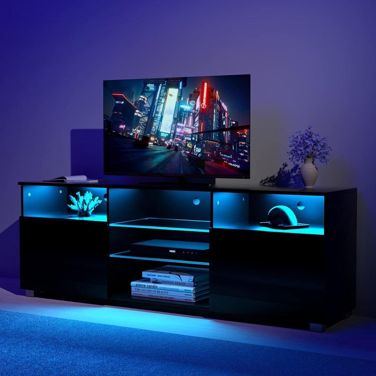Alt view image 4 of 7 - LED TV Stand for 65 inch TVs, Modern TV Stand with LED Lights and High Glossy Cabinets, Game Console Entertainment Center with Storage Shelves and Media Layers for Living Room Bedroom (Black, 57inch)