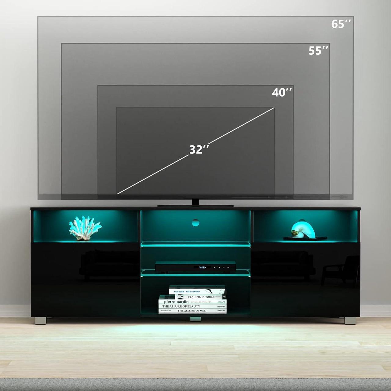 Alt view image 5 of 7 - LED TV Stand for 65 inch TVs, Modern TV Stand with LED Lights and High Glossy Cabinets, Game Console Entertainment Center with Storage Shelves and Media Layers for Living Room Bedroom (Black, 57inch)