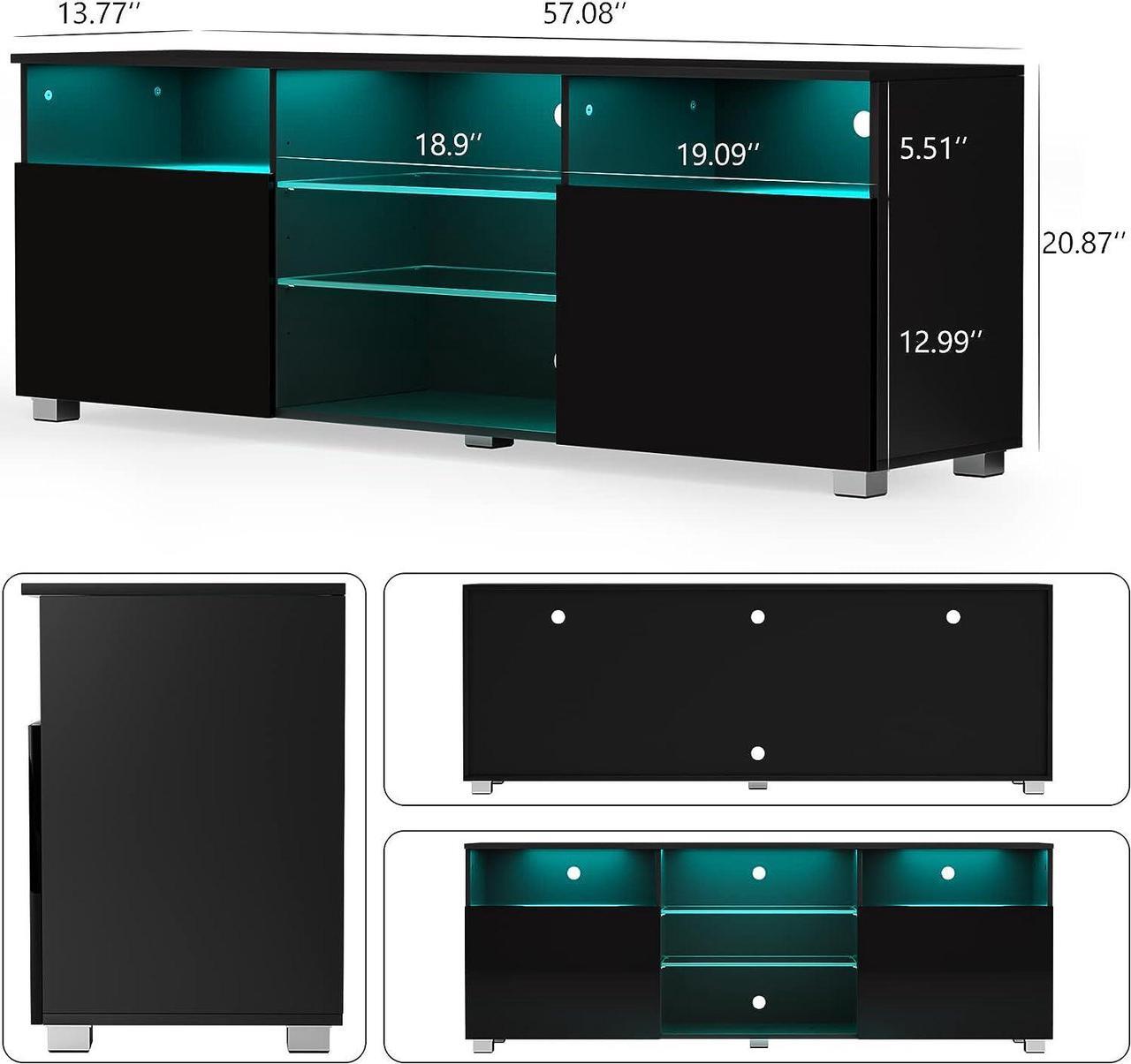 Alt view image 6 of 7 - LED TV Stand for 65 inch TVs, Modern TV Stand with LED Lights and High Glossy Cabinets, Game Console Entertainment Center with Storage Shelves and Media Layers for Living Room Bedroom (Black, 57inch)