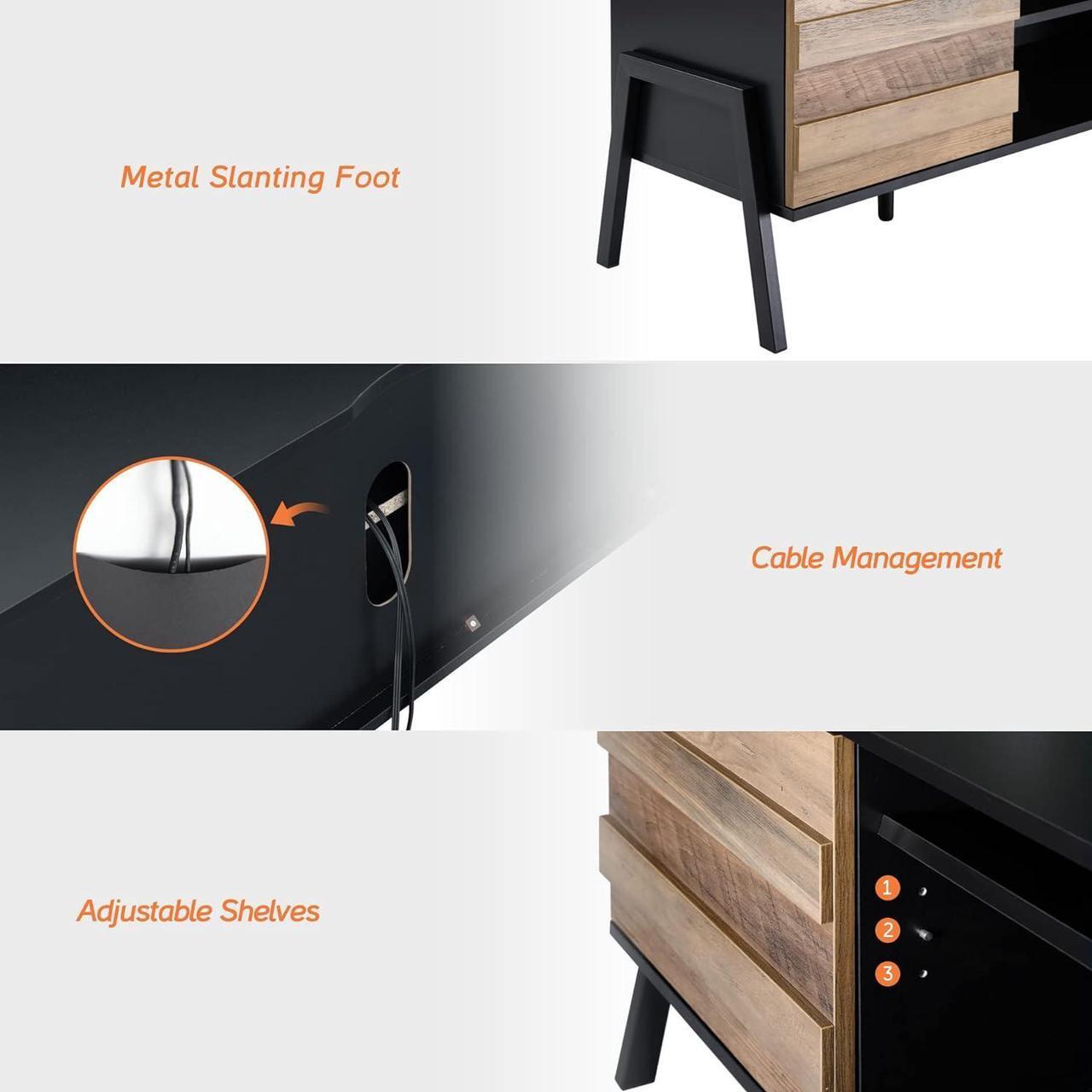 Alt view image 6 of 7 - Mid-Century Modern TV Stand for TVs up to 80 inch Flat Screen, LED Wood TV Console Media Cabinet with Storage, Home Entertainment Center in Black and Oak for Living Room Bedroom, 70 inch