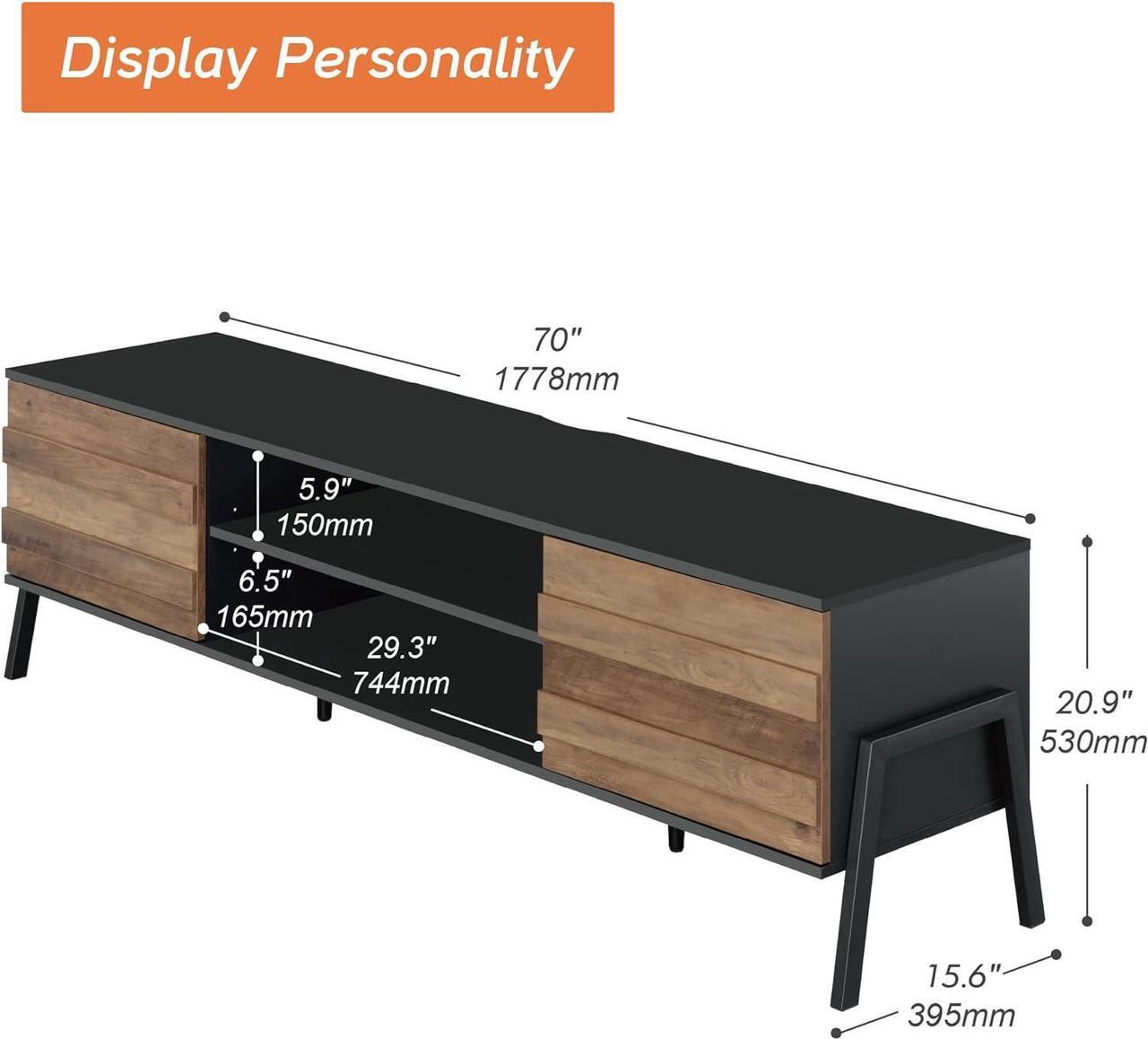 Alt view image 7 of 7 - Mid-Century Modern TV Stand for TVs up to 80 inch Flat Screen, LED Wood TV Console Media Cabinet with Storage, Home Entertainment Center in Black and Oak for Living Room Bedroom, 70 inch