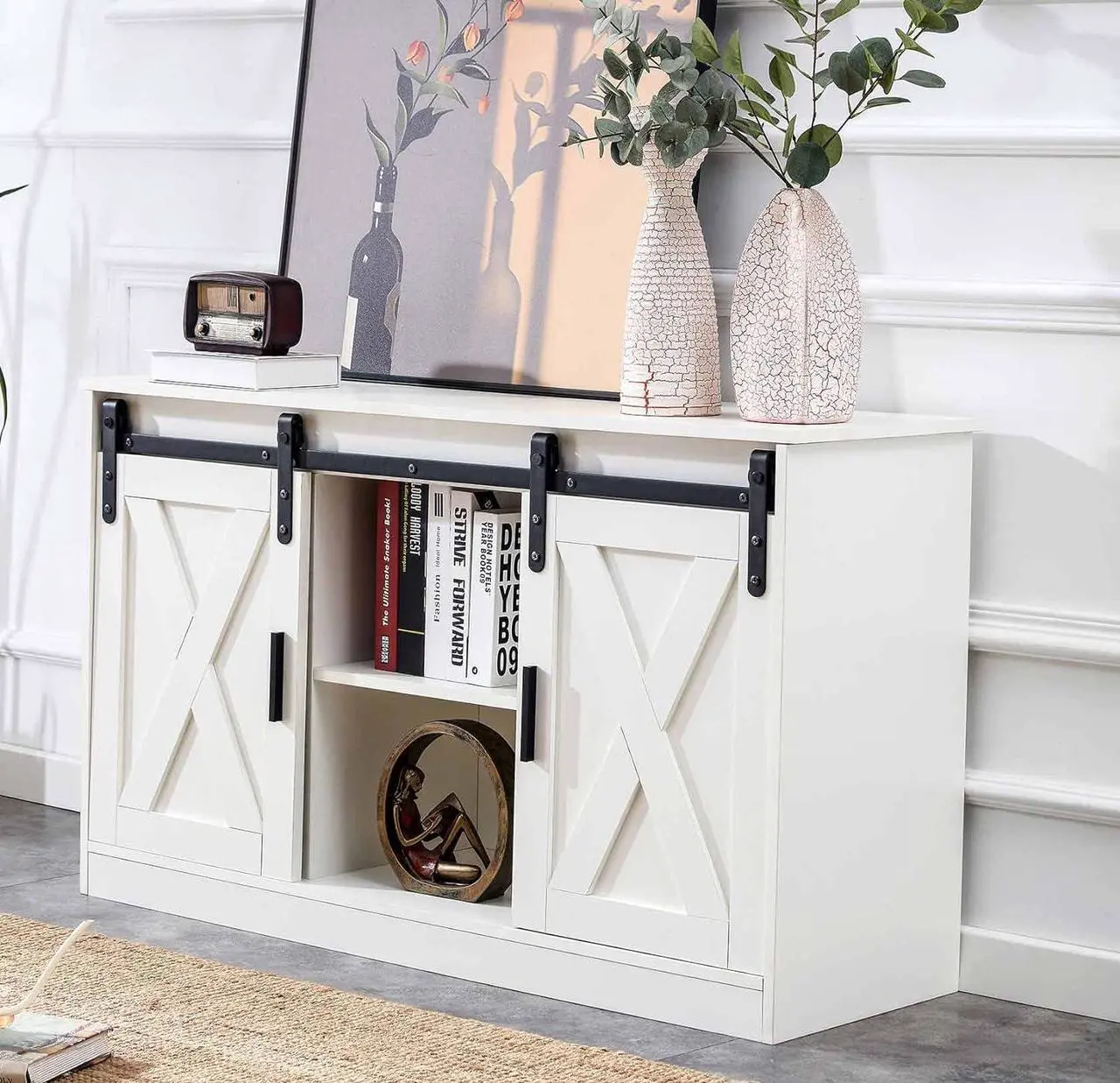 Alt view image 3 of 7 - Tansole Wood TV Stand, Mid Century Modern Style Entertainment Center Cabinet with Sliding Barn Door, Tall TV Console and Ideal Media Storage for Living Room