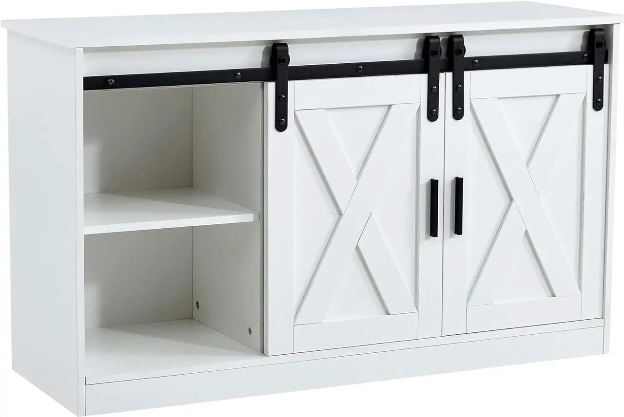 Alt view image 5 of 7 - Tansole Wood TV Stand, Mid Century Modern Style Entertainment Center Cabinet with Sliding Barn Door, Tall TV Console and Ideal Media Storage for Living Room