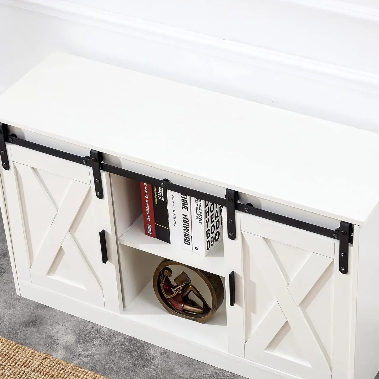 Alt view image 6 of 7 - Tansole Wood TV Stand, Mid Century Modern Style Entertainment Center Cabinet with Sliding Barn Door, Tall TV Console and Ideal Media Storage for Living Room