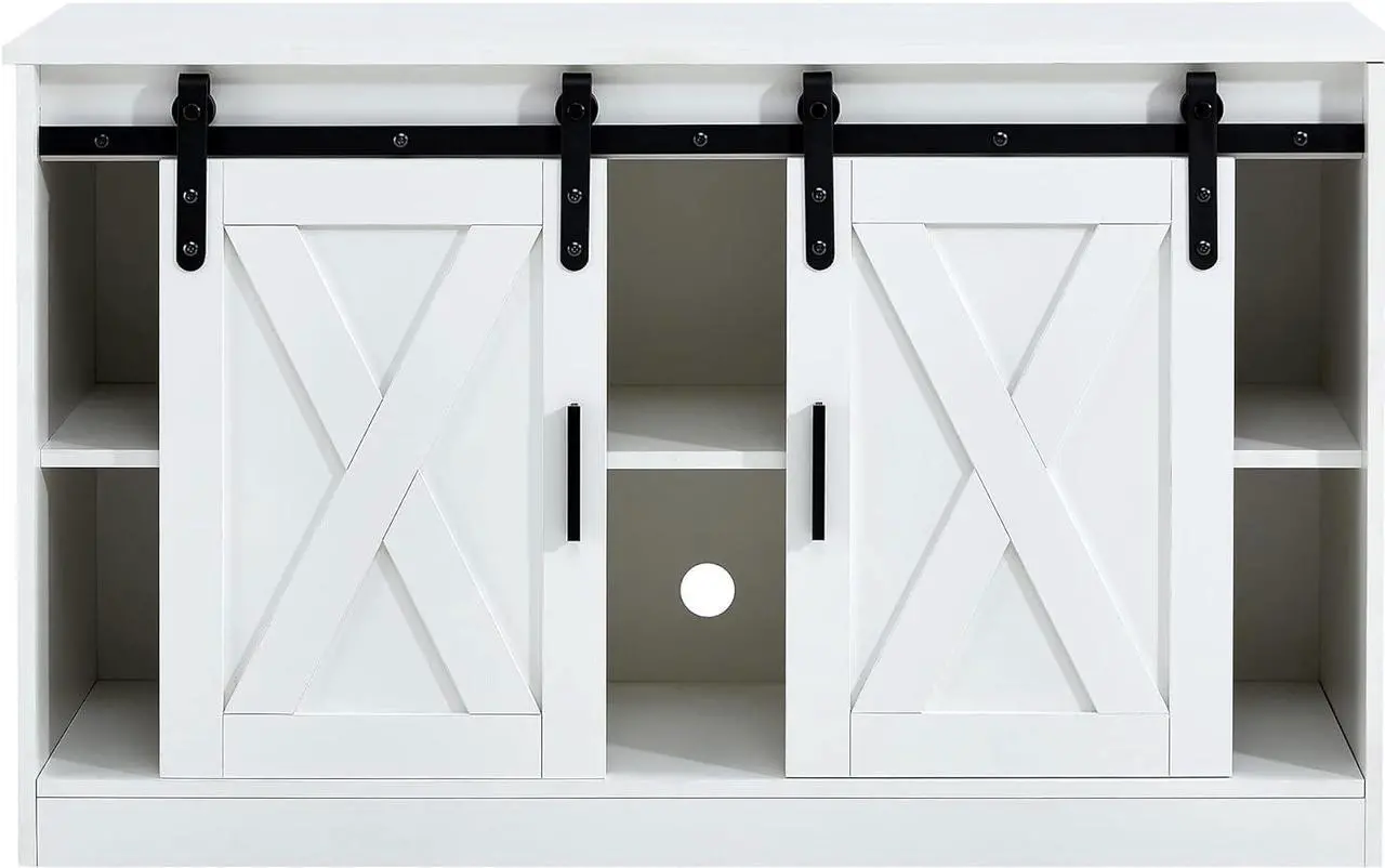 Alt view image 7 of 7 - Tansole Wood TV Stand, Mid Century Modern Style Entertainment Center Cabinet with Sliding Barn Door, Tall TV Console and Ideal Media Storage for Living Room