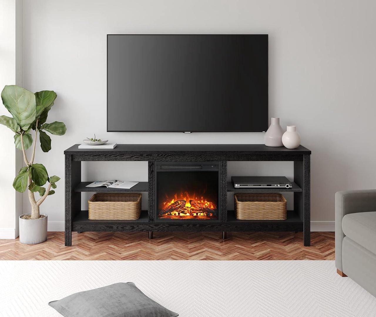 Alt view image 2 of 7 - Fireplace TV Stand for 80 Inch TV Entertainment Center, Electric Fire Place Wood TV Console Table with 4 Storages, Classic TV Cabinet for Living Room, 70'', Black