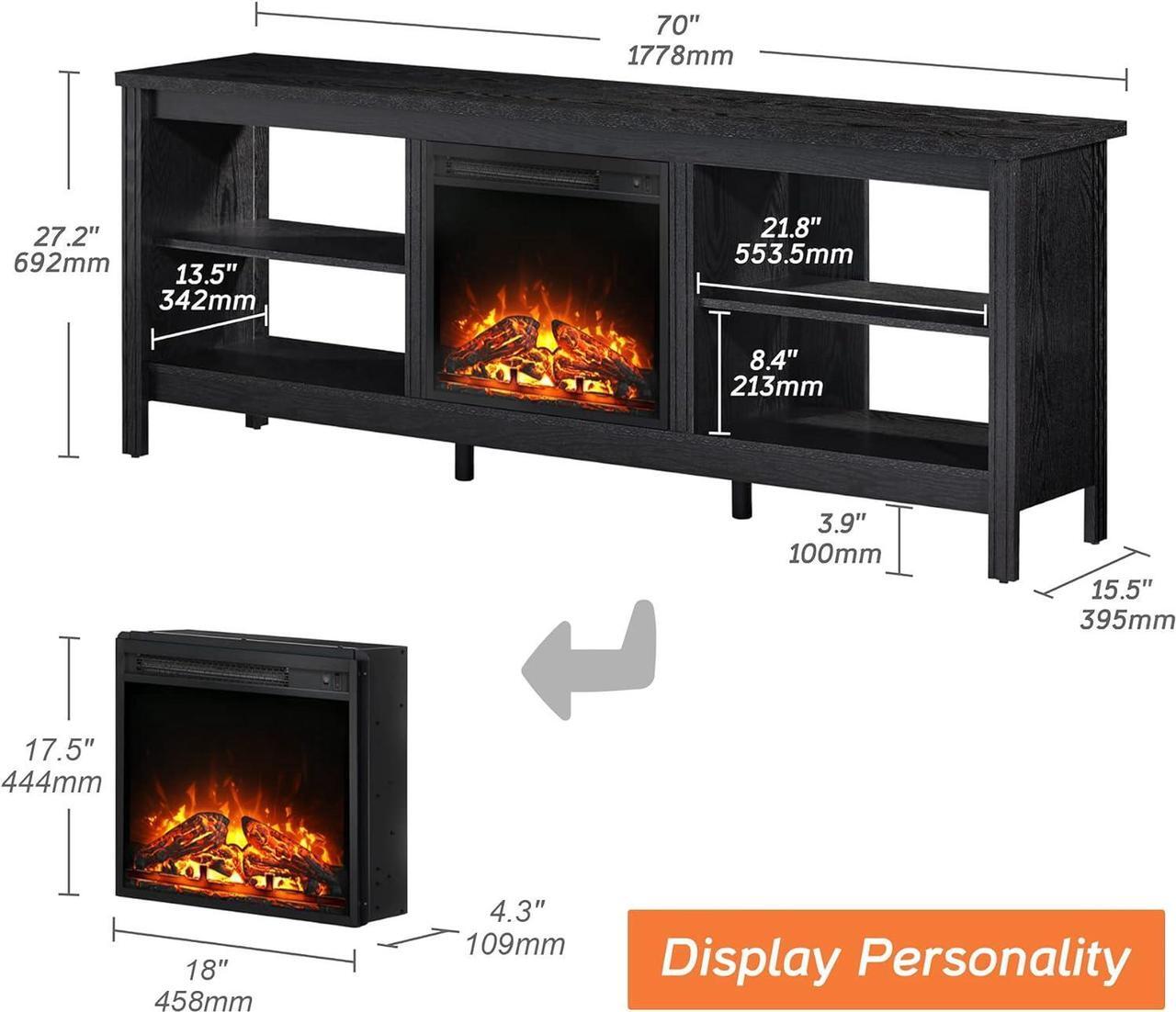 Alt view image 5 of 7 - Fireplace TV Stand for 80 Inch TV Entertainment Center, Electric Fire Place Wood TV Console Table with 4 Storages, Classic TV Cabinet for Living Room, 70'', Black