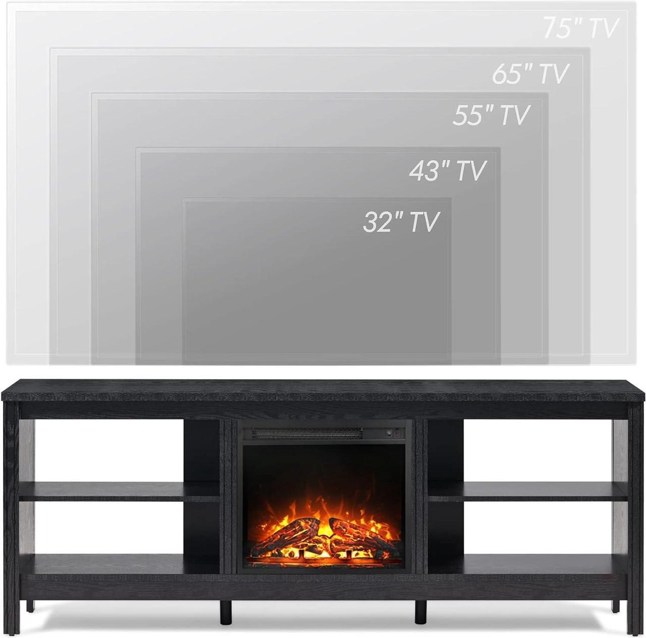 Alt view image 7 of 7 - Fireplace TV Stand for 80 Inch TV Entertainment Center, Electric Fire Place Wood TV Console Table with 4 Storages, Classic TV Cabinet for Living Room, 70'', Black