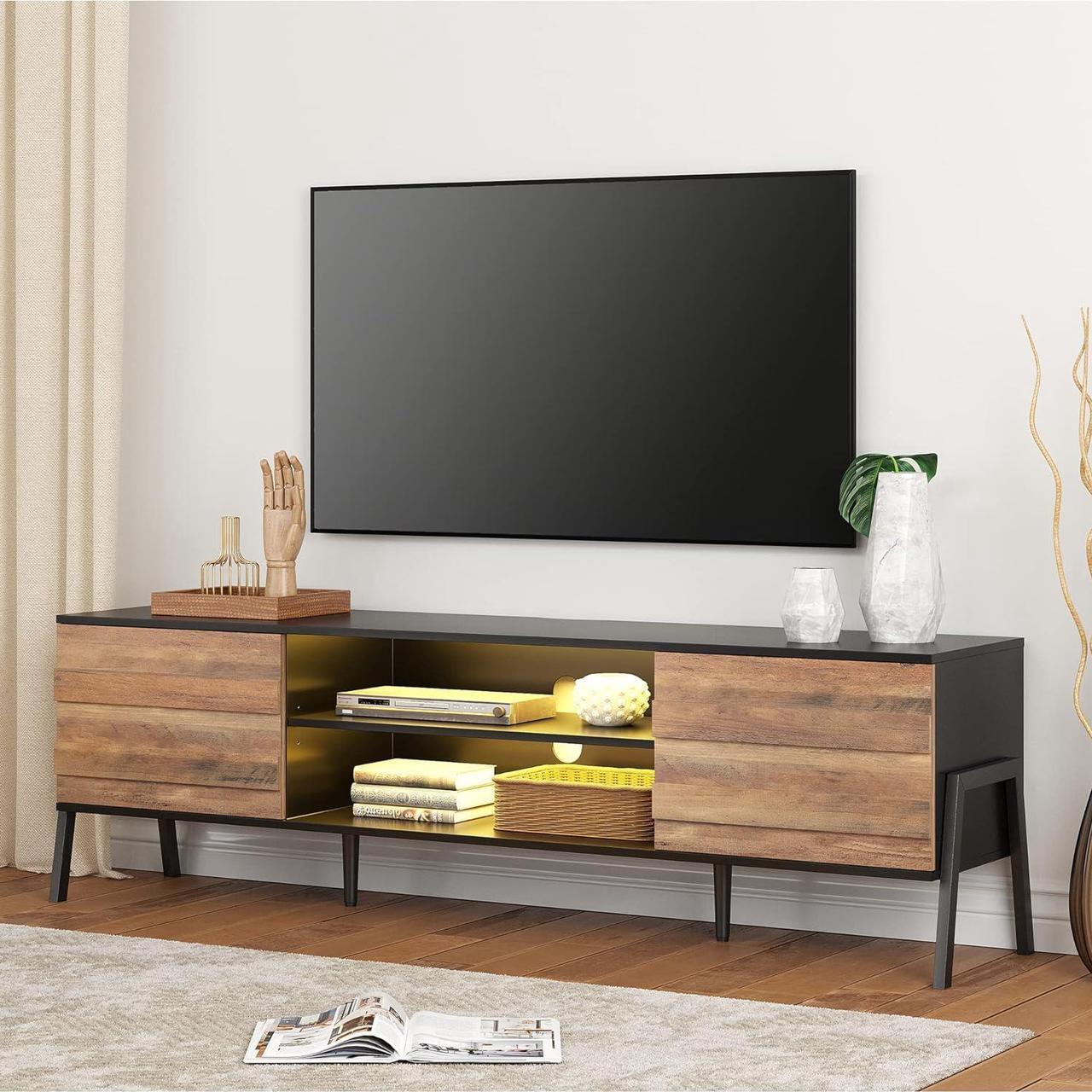 Main image of Mid-Century Modern TV Stand for TVs up to 80 inch Flat Screen, LED Wood TV Console Media Cabinet with Storage, Home Entertainment Center in Black and Oak for Living Room Bedroom, 70 inch