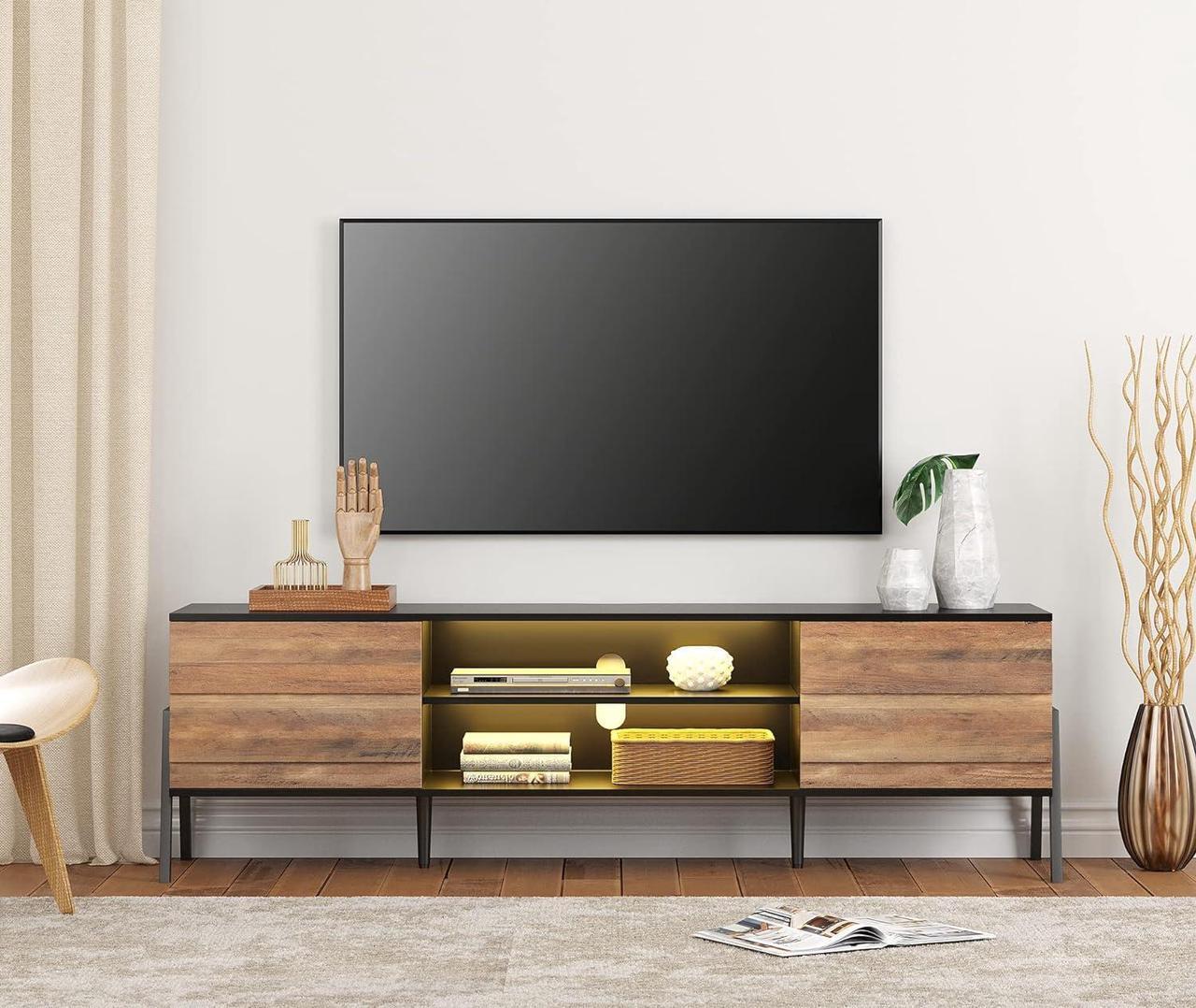 Alt view image 2 of 7 - Mid-Century Modern TV Stand for TVs up to 80 inch Flat Screen, LED Wood TV Console Media Cabinet with Storage, Home Entertainment Center in Black and Oak for Living Room Bedroom, 70 inch