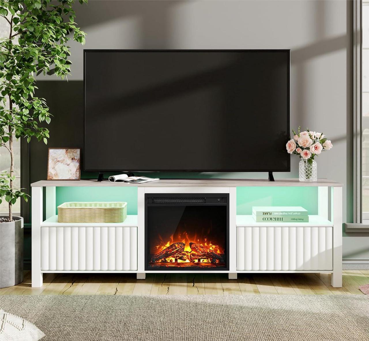 Main image of FITUEYES White Fireplace TV Stand for 80 Inch TV with 16 Color RBB LED Light, Modern TV Console Table with Electric Heater & Storage Cabinet, Television Stands for Living Room Bedroom, 70 Inch