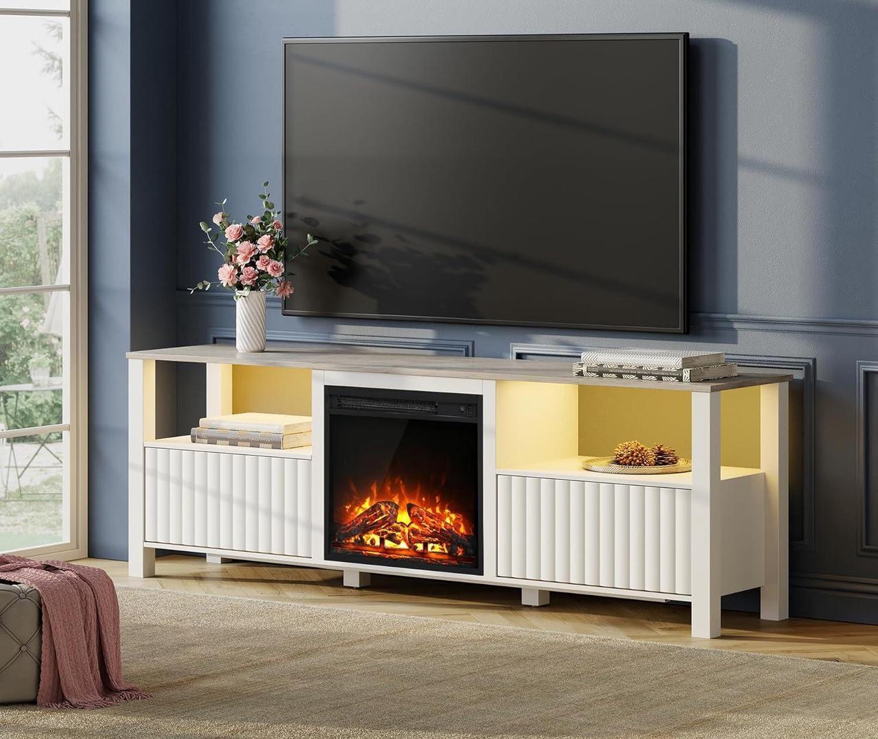Alt view image 2 of 7 - FITUEYES White Fireplace TV Stand for 80 Inch TV with 16 Color RBB LED Light, Modern TV Console Table with Electric Heater & Storage Cabinet, Television Stands for Living Room Bedroom, 70 Inch