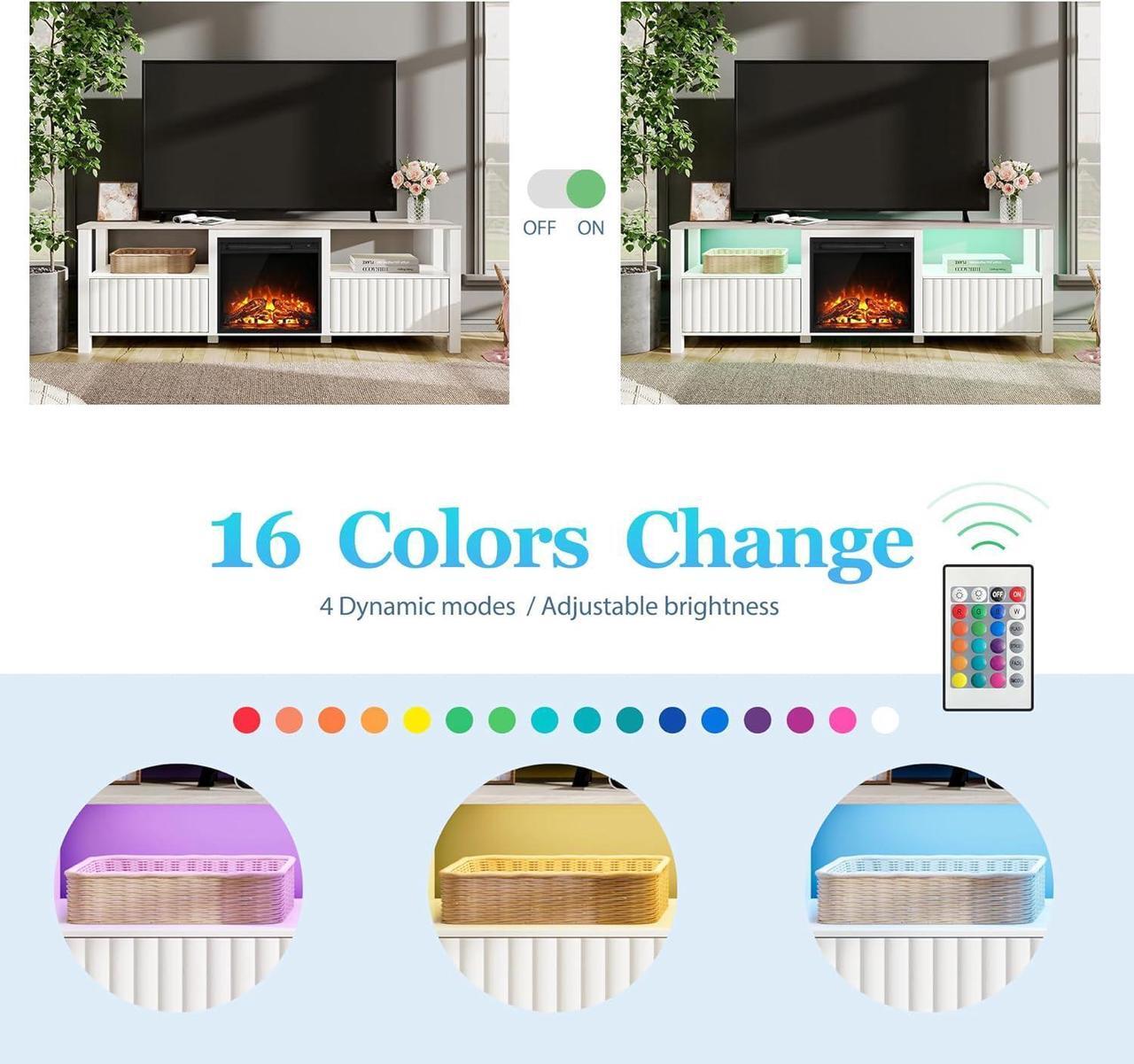 Alt view image 4 of 7 - FITUEYES White Fireplace TV Stand for 80 Inch TV with 16 Color RBB LED Light, Modern TV Console Table with Electric Heater & Storage Cabinet, Television Stands for Living Room Bedroom, 70 Inch