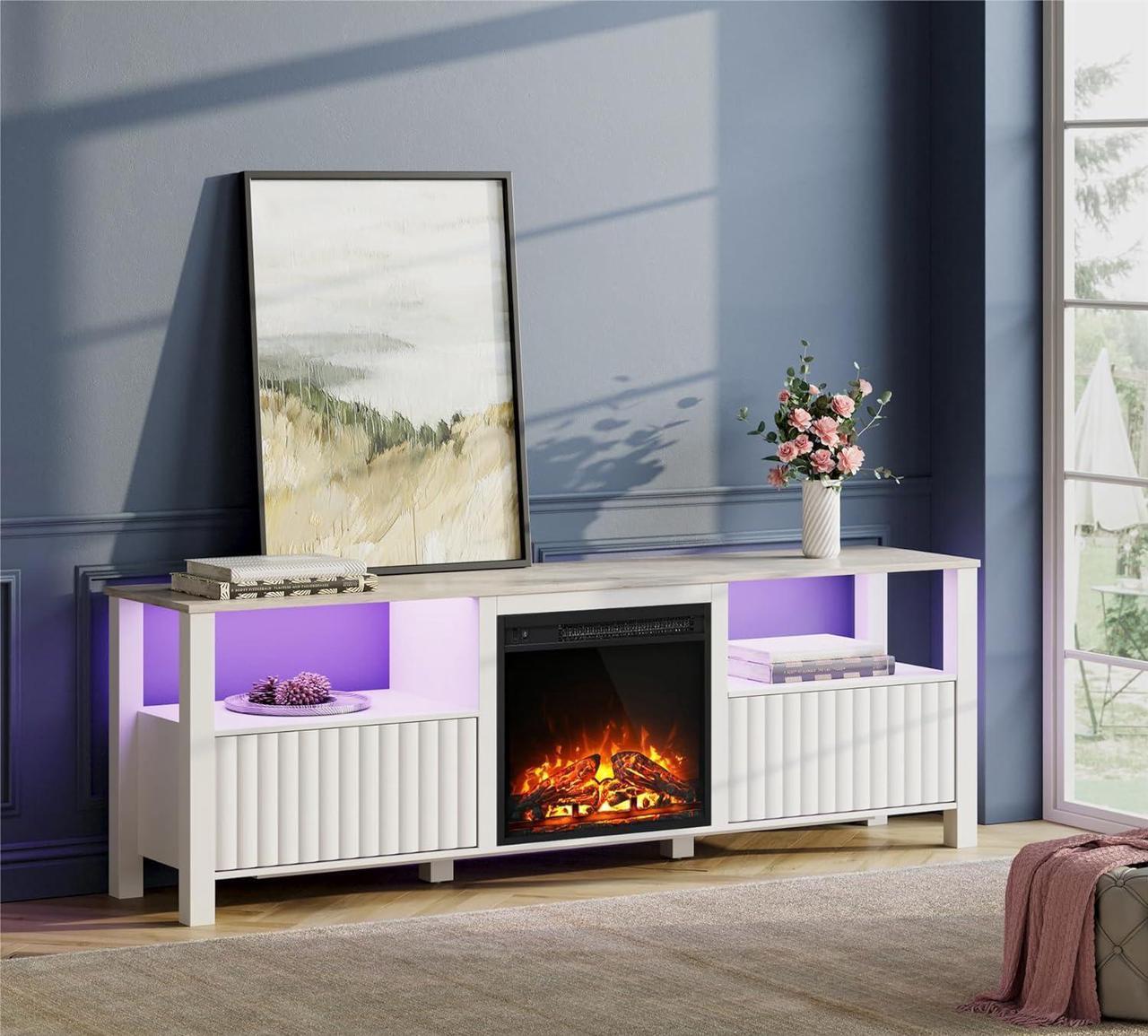 Alt view image 3 of 7 - FITUEYES White Fireplace TV Stand for 80 Inch TV with 16 Color RBB LED Light, Modern TV Console Table with Electric Heater & Storage Cabinet, Television Stands for Living Room Bedroom, 70 Inch