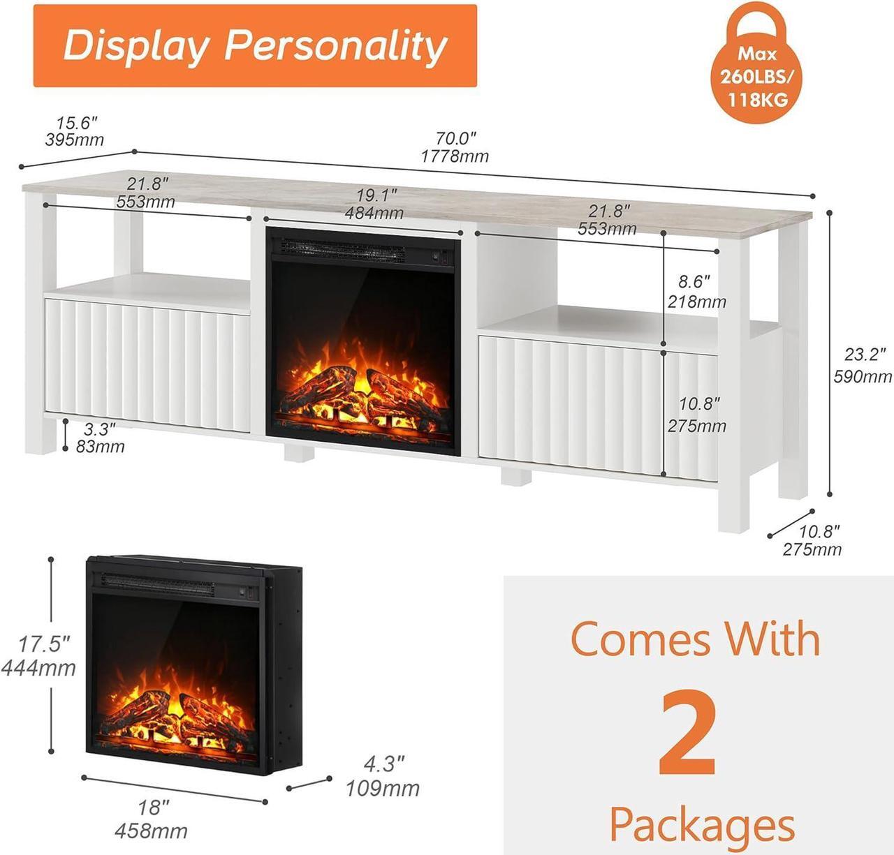 Alt view image 5 of 7 - FITUEYES White Fireplace TV Stand for 80 Inch TV with 16 Color RBB LED Light, Modern TV Console Table with Electric Heater & Storage Cabinet, Television Stands for Living Room Bedroom, 70 Inch