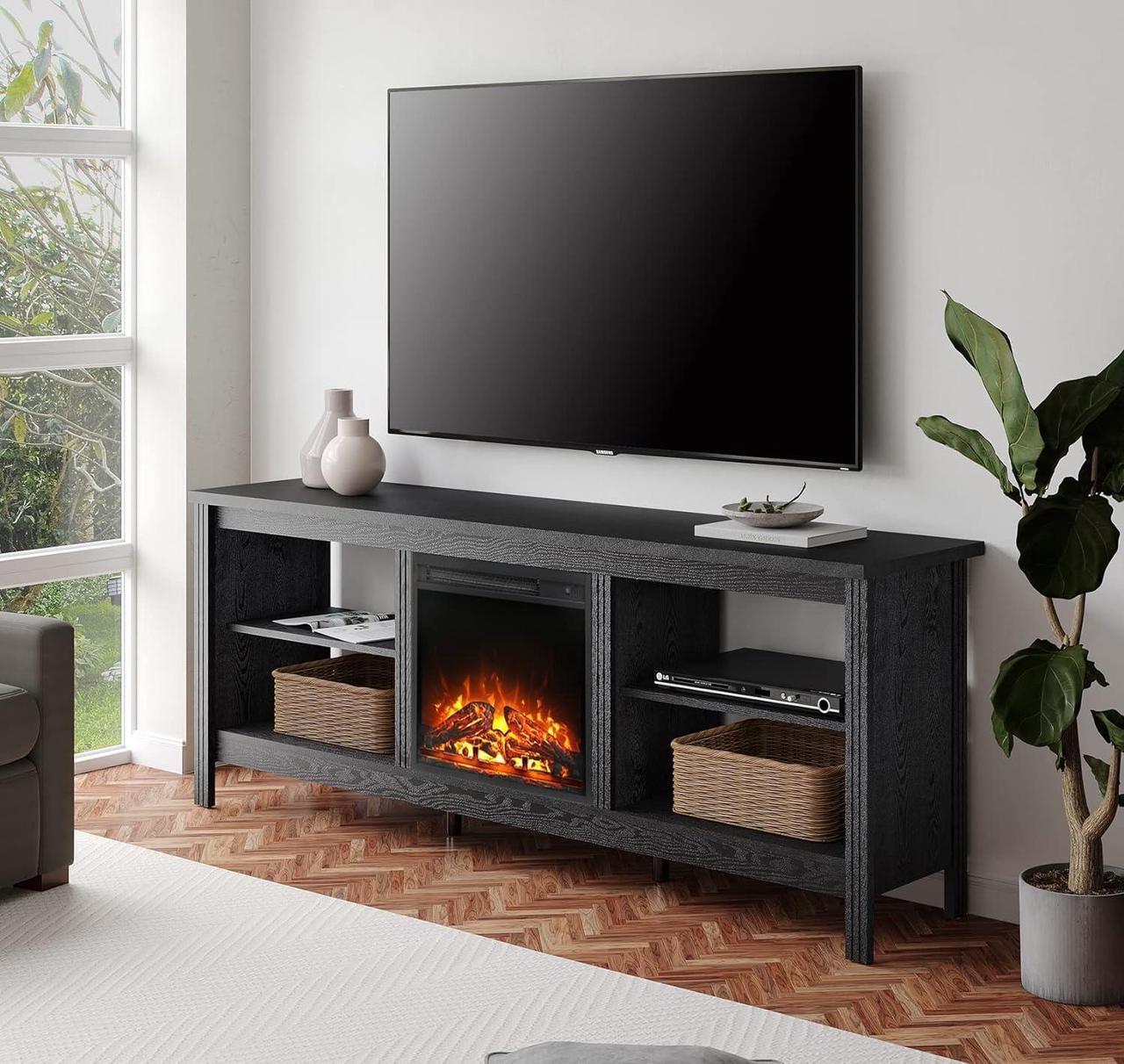Main image of Fireplace TV Stand for 80 Inch TV Entertainment Center, Electric Fire Place Wood TV Console Table with 4 Storages, Classic TV Cabinet for Living Room, 70'', Black