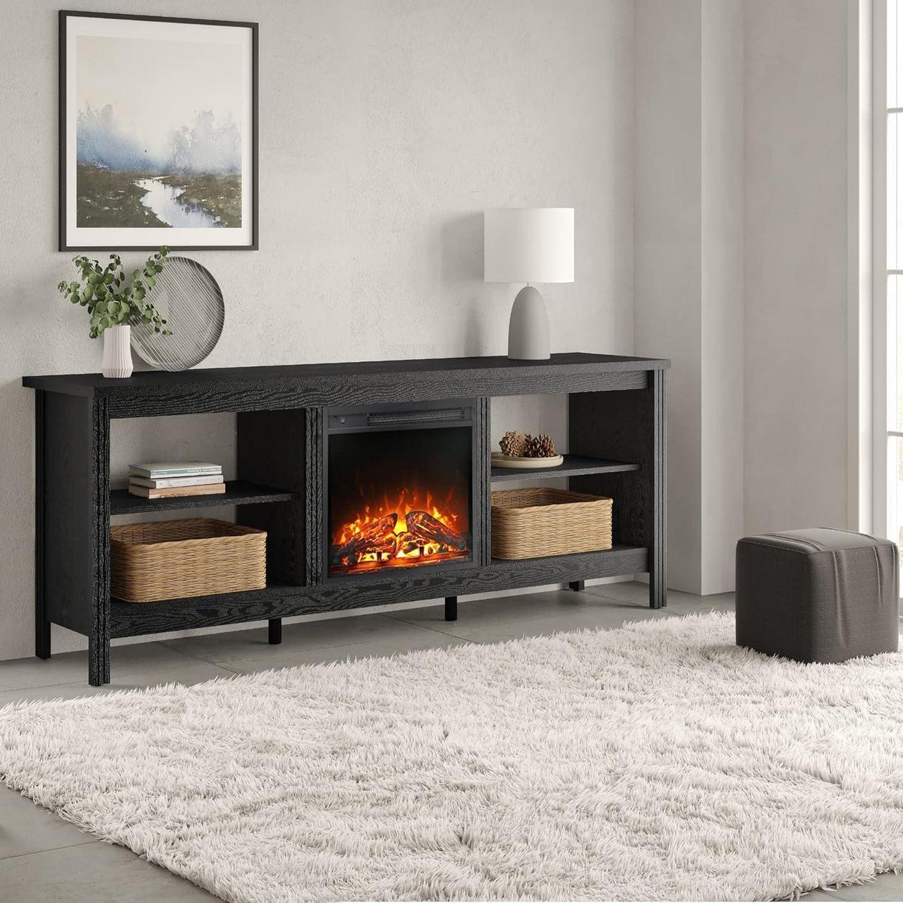 Alt view image 3 of 7 - Fireplace TV Stand for 80 Inch TV Entertainment Center, Electric Fire Place Wood TV Console Table with 4 Storages, Classic TV Cabinet for Living Room, 70'', Black