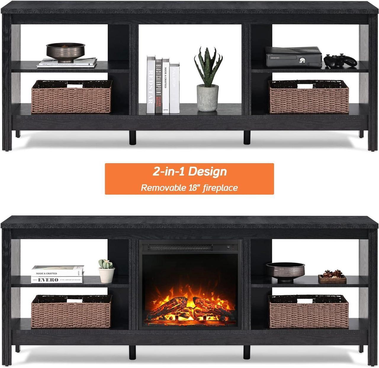 Alt view image 4 of 7 - Fireplace TV Stand for 80 Inch TV Entertainment Center, Electric Fire Place Wood TV Console Table with 4 Storages, Classic TV Cabinet for Living Room, 70'', Black