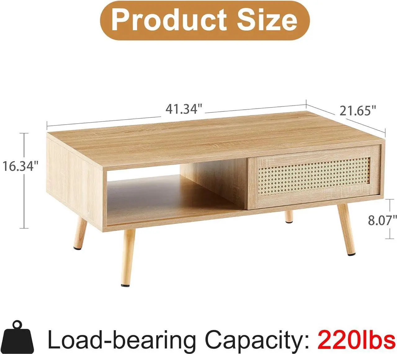 Alt view image 2 of 6 - Mid Century Modern Coffee Table with Storage, 41.3 Inch Rectangle Accent Center Sofa Table with Sliding PE Rattan Woven Door Panel and Solid Wood Legs, Suitable for Living Room, Apartment