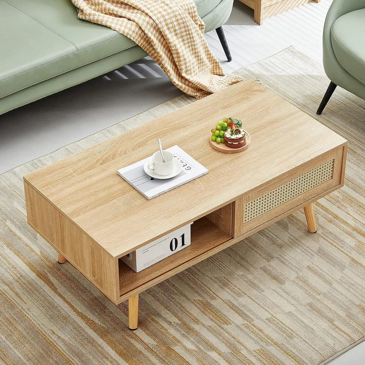 Alt view image 3 of 6 - Mid Century Modern Coffee Table with Storage, 41.3 Inch Rectangle Accent Center Sofa Table with Sliding PE Rattan Woven Door Panel and Solid Wood Legs, Suitable for Living Room, Apartment