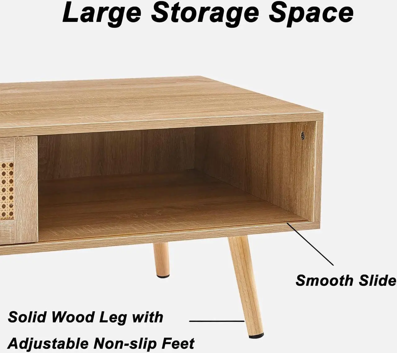 Alt view image 6 of 6 - Mid Century Modern Coffee Table with Storage, 41.3 Inch Rectangle Accent Center Sofa Table with Sliding PE Rattan Woven Door Panel and Solid Wood Legs, Suitable for Living Room, Apartment