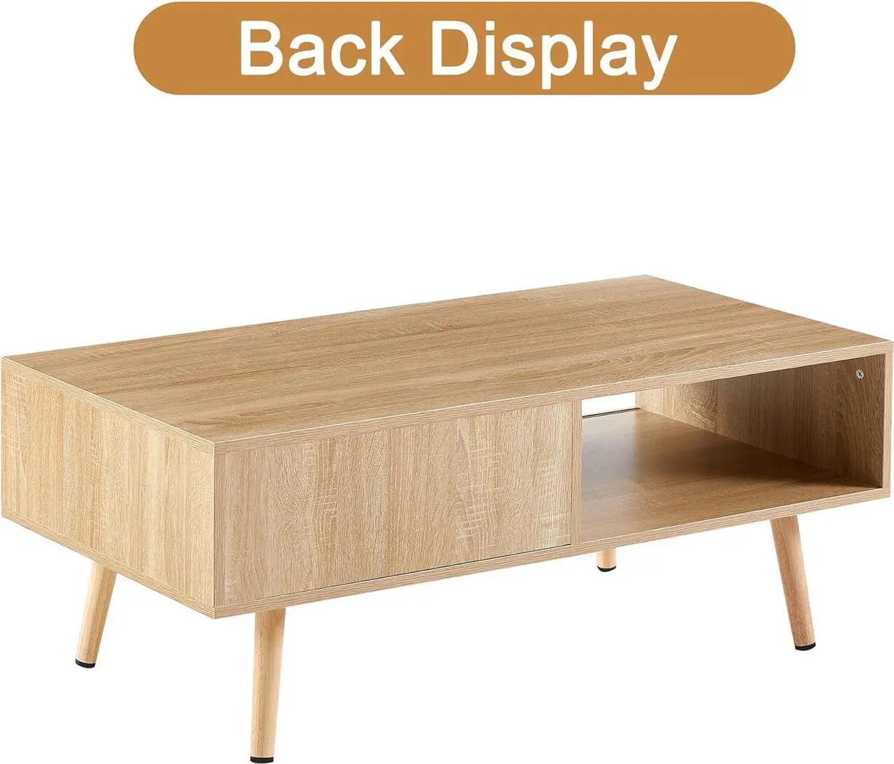 Alt view image 4 of 6 - Mid Century Modern Coffee Table with Storage, 41.3 Inch Rectangle Accent Center Sofa Table with Sliding PE Rattan Woven Door Panel and Solid Wood Legs, Suitable for Living Room, Apartment