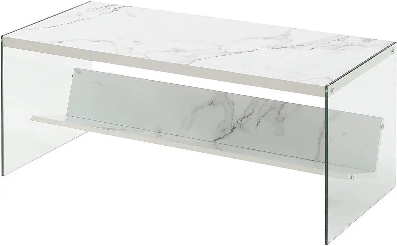Main image of Convenience Concepts SoHo Glass Coffee Table with Shelf, White Faux Marble/Glass