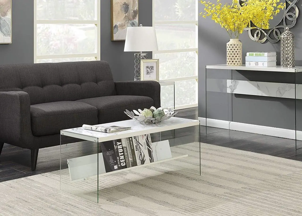 Alt view image 2 of 3 - Convenience Concepts SoHo Glass Coffee Table with Shelf, White Faux Marble/Glass