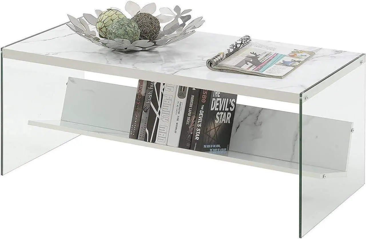 Alt view image 3 of 3 - Convenience Concepts SoHo Glass Coffee Table with Shelf, White Faux Marble/Glass