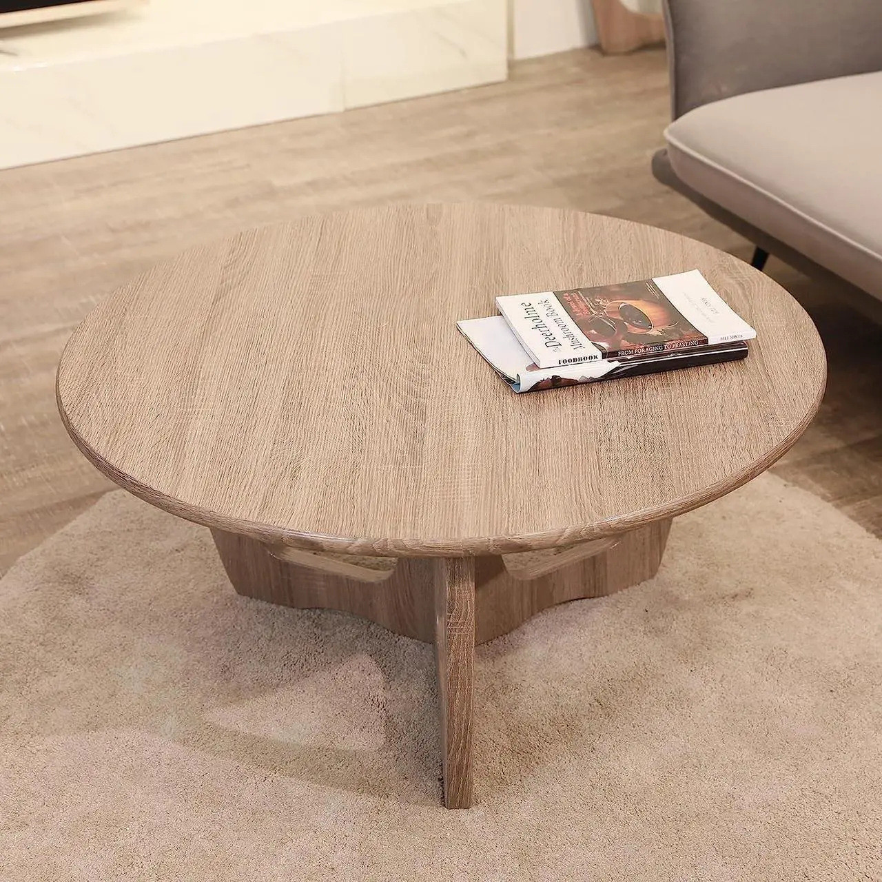 Main image of FINECASA Wooden Round Coffee Table Curved Leg, Accent Couch,Home Decoration, Living Room Tables, 36 x 18 Inches, Natural