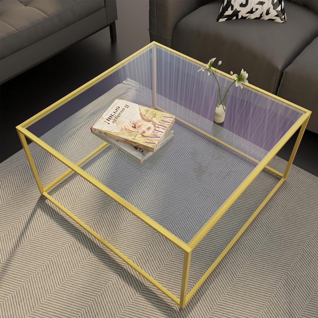 Main image of Glass Coffee Table Modern Center Table,Minimalist Coffee Table Sofa Side Tea Table for Living Room,Tempered Glass-top with Sturdy Metal Frame, Easy Assembly,26.7 x 26.7 x 15.7 Inches, Gold