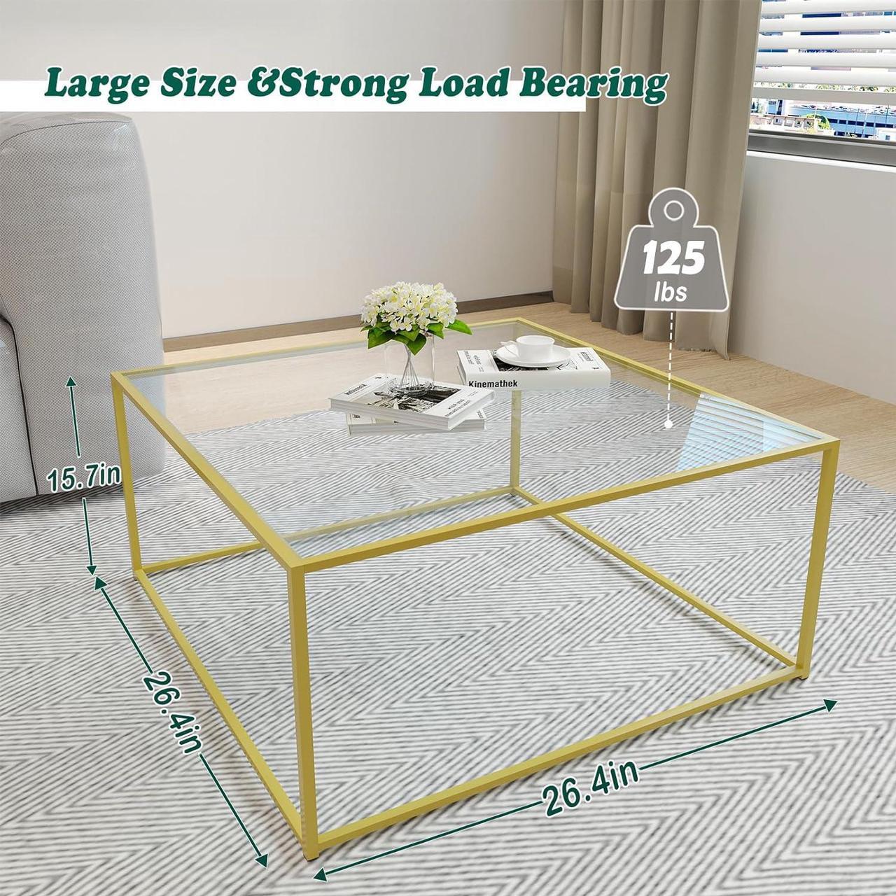 Alt view image 2 of 7 - Glass Coffee Table Modern Center Table,Minimalist Coffee Table Sofa Side Tea Table for Living Room,Tempered Glass-top with Sturdy Metal Frame, Easy Assembly,26.7 x 26.7 x 15.7 Inches, Gold