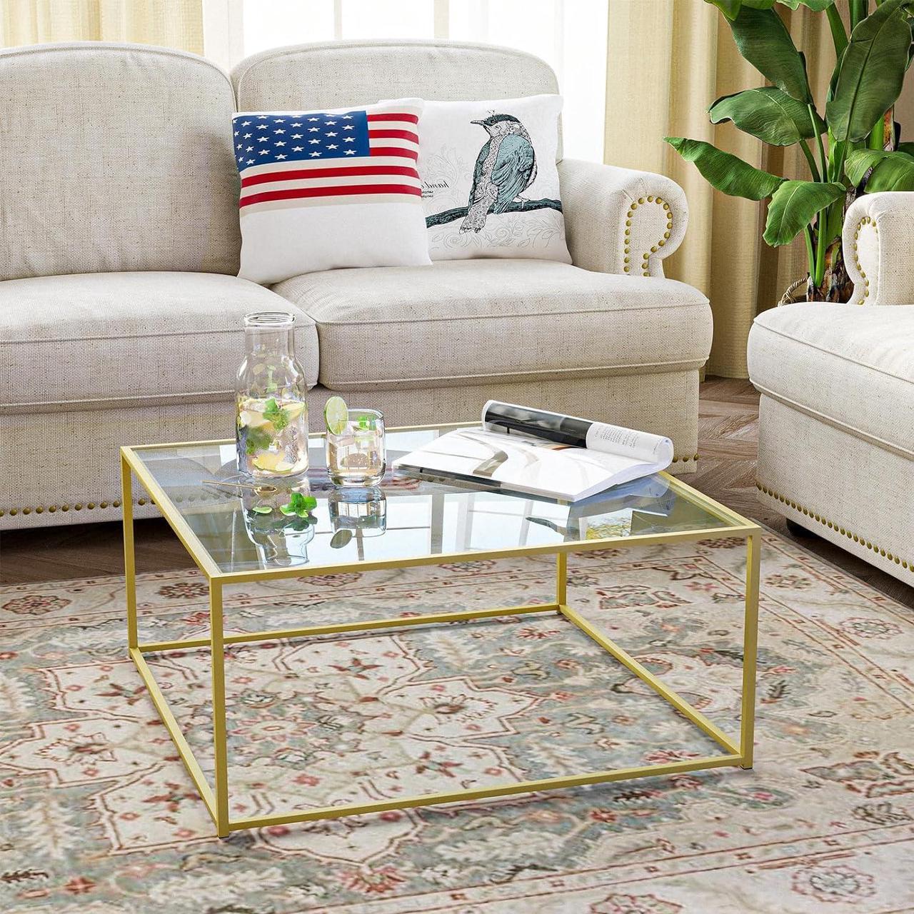 Alt view image 3 of 7 - Glass Coffee Table Modern Center Table,Minimalist Coffee Table Sofa Side Tea Table for Living Room,Tempered Glass-top with Sturdy Metal Frame, Easy Assembly,26.7 x 26.7 x 15.7 Inches, Gold