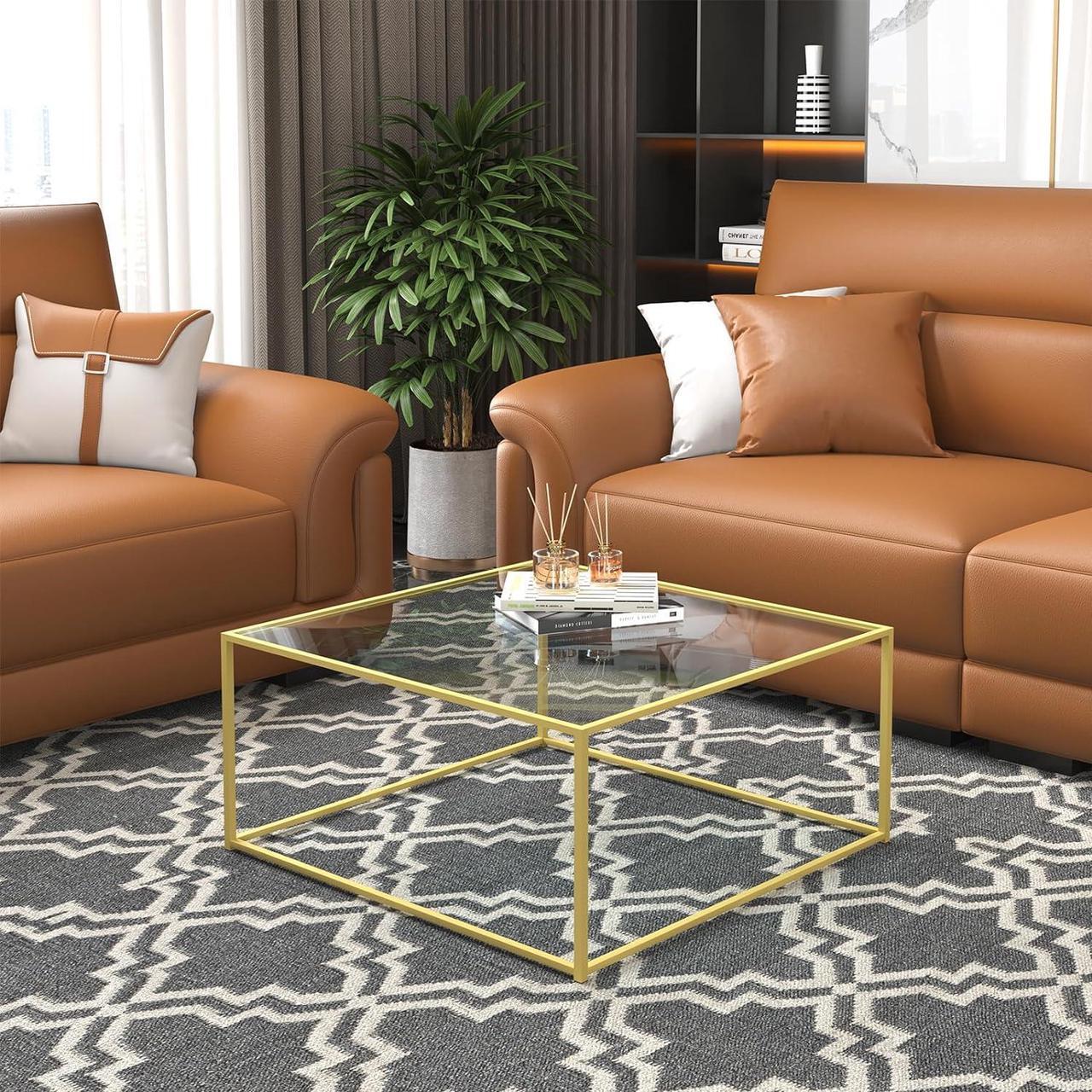 Alt view image 6 of 7 - Glass Coffee Table Modern Center Table,Minimalist Coffee Table Sofa Side Tea Table for Living Room,Tempered Glass-top with Sturdy Metal Frame, Easy Assembly,26.7 x 26.7 x 15.7 Inches, Gold