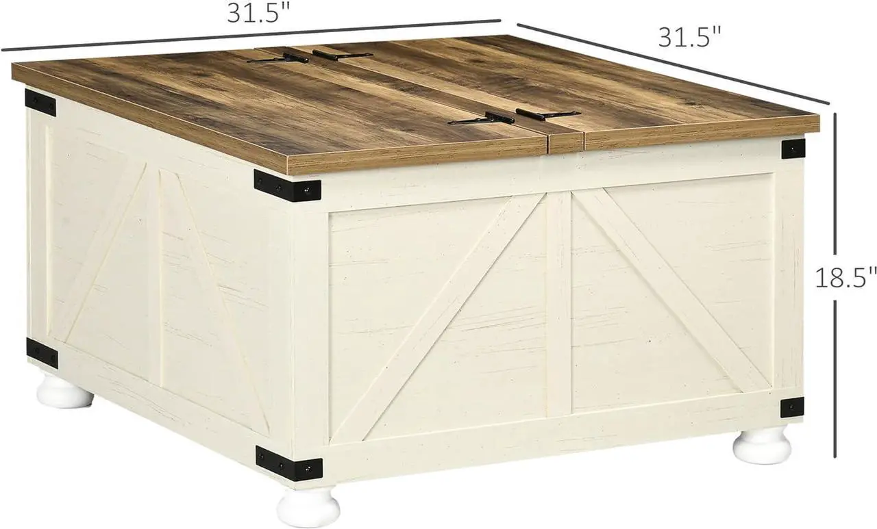 Alt view image 3 of 7 - HOMCOM Farmhouse Coffee Table with Storage, Square Coffee Table for Living Room, Wooden Center Table with Hinged Lift Top and Hidden Space, Antique White