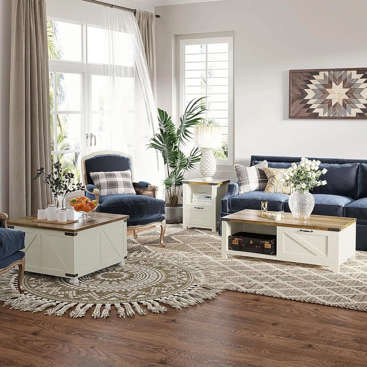 Alt view image 2 of 7 - HOMCOM Farmhouse Coffee Table with Storage, Square Coffee Table for Living Room, Wooden Center Table with Hinged Lift Top and Hidden Space, Antique White
